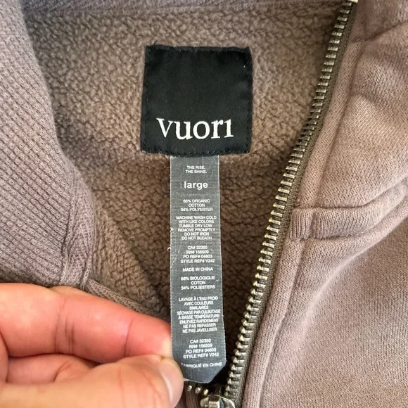 Vuori Full Zip Hoodie Brown Large 22.5x28 Organic Cotton Fleece - Picture 3 of 6